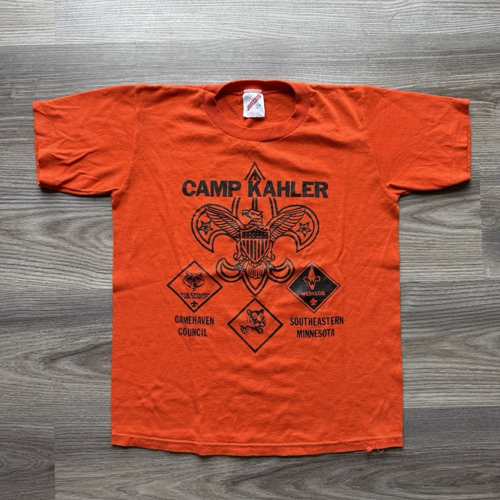 VTG 90s Boy Scouts Camp Kahler Orange T Shirt Youth L Cub Scouts BSA USA